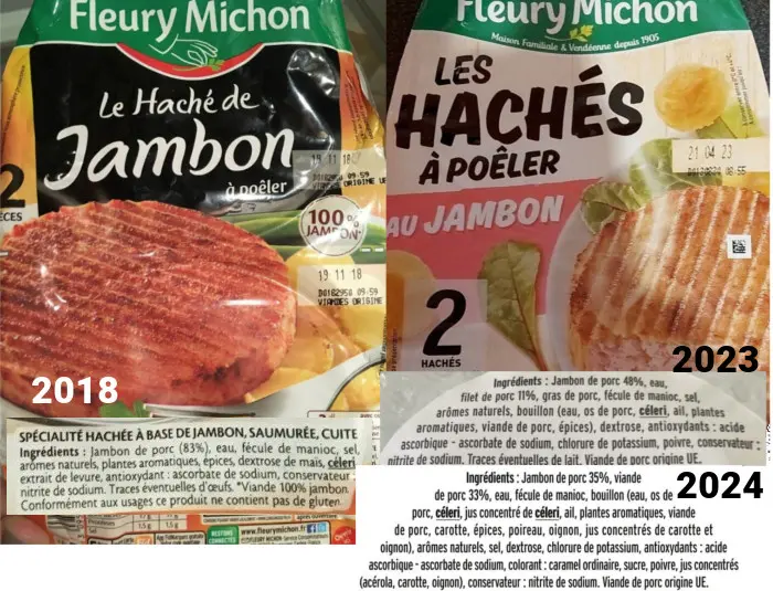 compositions des hachés de jambon Fleury Michon entre 2018 et 2023