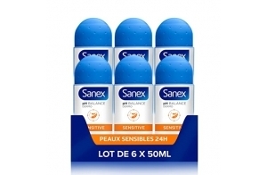 SANEX - Déodorant Sanex Dermo Sensitive pH Balance - Anti-Transpirant Efficacité 24 h - Flacon-Bille - Les 6 X 50 ml