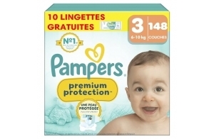 Pampers Premium Protection Taille 3, 148 Couches, 6-10kg, Double Protection Pour La Peau et Contre Les Fuites + 10 Lingettes Harmonie Aqua Gratuites