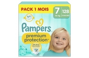 Pampers Premium Protection, Taille 7, 128 Couches, 15kg+, Double Protection pour la peau et contre les fuites Avec Poche Stop & Protect pour aider à capturer les Fuites, Pack 1 Mois