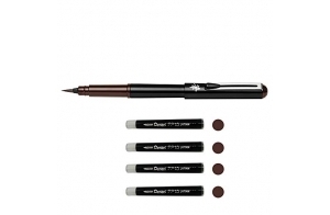 Pentel GFKPN Pocket Brush stylo pinceau encre à pigments pour calligraphie, croquis, dessins Sépia + 4 cartouches