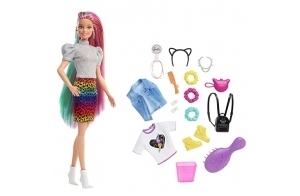 Barbie Chevelure Arc-en-Ciel Léopard poupée avec Cheveux Qui changent de Couleur, 16 Accessoires de Mode et de Coiffure, Jouet pour Enfant, GRN81