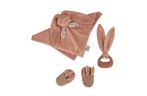 Kaloo - Lapinoo - Coffret de Naissance - Couleur Terracotta - 3 Accessoires Bébé - Doudou + Anneau de Dentition Bébé + Chaussons 11 cm - Dès la Naissance, K218012