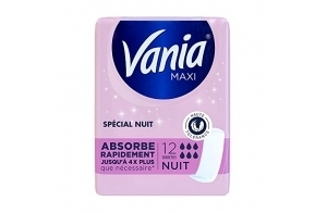 Vania - Serviettes Hygiéniques Maxi Nuit (paquet de 12 pièces) – Protection hygiénique spéciale nuit extra longue et sans parfum – Serviettes avec adhésif extra performant pour un maintien parfait