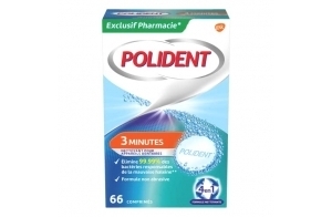 Polident Nettoyant 3 Minutes, Pour Prothèses Dentaires Partielles ou Complètes, Action Rapide, 66 Comprimés