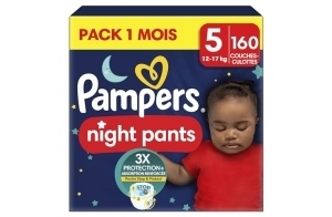 Pampers Night Pants, Taille 5, 160 Couches-Culottes, 12-17kg, Maintien 360° Contre Les Fuites Avec Un Cœur Super Absorbant Pour Une Protection Renforcée Toute La Nuit, Pack 1 Mois