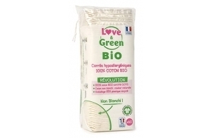 Love & Green Cotons Carrés Hypoallergéniques - change et toilette bébé / démaquillant - Non Blanchis et 100% Bio x60 - Fabriqués en France