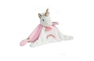 DOUDOU ET COMPAGNIE - Doudou Plat Licorne Carré - 20 cm - Rose/Blanc/Doré - Collection Lucie la Licorne - Tout Doux Pour Bébé- Idée Cadeau Naissance - Boite Cadeau - Garantie Doudou Perdu - DC3312