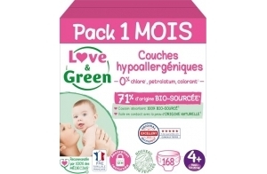 Love & Green - Couches Bébé Saines et Ecologiques - Taille 4+ (9-20 kg) - Pack 1 Mois (168 Couches) - Absorbante, anti-fuites et sans ingrédients indésirables