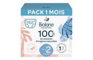 BIOLANE - Couches Taille 2 - (3-6 kg) - Peaux Sensibles - Ultra-Absorbant, Pas de Fuite, 12h au Sec - Pack 1 mois 162 couches - Fabriqué en France