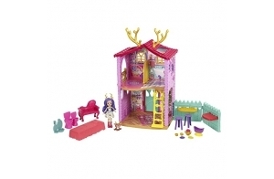 Enchantimals Maison de Danessa Biche​, mini-poupée et figurine animale Sprint, 4 espaces de jeu et accessoires, emballage fermé, jouet pour enfant, HFC41