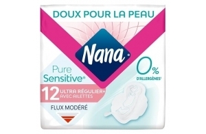 Nana PureSensitive Serviettes Hygiéniques Ultra Régulier Plus - Flux Modéré - 0 % Allergène*, Parfum, Colorant - 12 Serviettes avec Ailettes