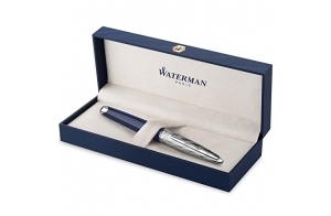 Waterman Carène Stylo plume | Laqué gris métallique et bleu | Capuchon biseauté | Plume fine en or 18 carats | Encre bleue | Écrin