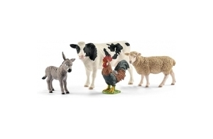 schleich 42385 FARM WORLD - Coffret avec 4 animaux de la ferme à collectionner comprenant vache, mouton, ânon et coq, figurines animaux pour enfants dès 3 ans