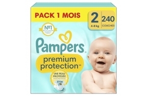 Pampers Premium Protection, Taille 2, 240 Couches, 4-8kg, Double Protection pour la peau et contre les fuites Avec Poche Stop & Protect pour aider à capturer les Fuites, Pack 1 Mois