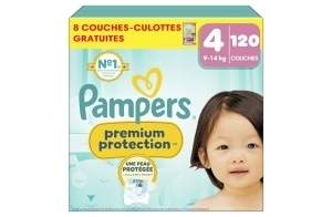 Pampers Premium Protection Taille 4, 120 Couches, Double Protection Pour La Peau Et Contre Les Fuites + 8 couches-culottes gratuites