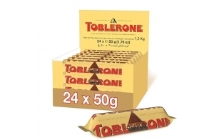 Toblerone - Barre au Chocolat au Lait, Miel, Nougat et Amandes - Format Familial - Présentoir de 24 barres (50 g)