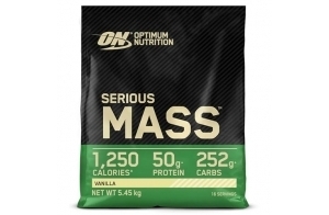 Optimum Nutrition Serious Mass Poudre de Protéine Gain de Masse Hautement Calorique avec 25 Vitamines et Minéraux, Créatine Monohydrate et Glutamine, Saveur Vanille, 16 Portions, 5.45 kg