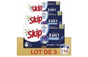 SKIP - Lessive liquide en capsules Active Clean 3 en 1 - 114 lavages - fraîcheur longue durée - sans emballage plastique (lot prOMO de 3x38)