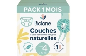 BIOLANE - Couches Taille 4 (7 - 18 kg) - Peaux Sensibles - Ultra-Absorbant, Pas de Fuite, 12h au Sec - Pack 1 mois 132 couches - Ecoresponsables - Fabriqué en France
