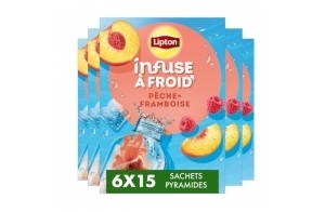 Lipton Infuse à Froid, Infusion à Froid, Goût Pêche et Framboise, Idéale pour le Thé Glacé, Boisson d'Eté Rafraichissante, 6x15 Sachets Pyramid