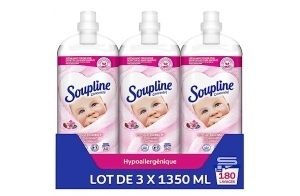 SOUPLINE - Liquide Adoucissant Concentré Soupline Hypoallergénique - Formule Active à Froid - 92% d'Ingrédients d'Origine Naturelle - Lot de 3 x 1,35 L, Amande Douce