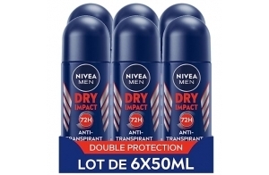 NIVEA MEN Déodorant anti-transpirant Dry Impact (lot de 6 x 50 ml), Déodorant bille pour homme sans alcool, Antitranspirant protection 72 H