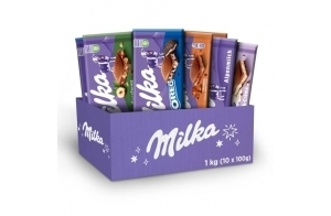 Milka - Box Chocolat Cadeau - Assortiment de 10 Tablettes de Chocolat au Lait de 100 g (1 kg) - 5 Saveurs : Lait du Pays Alpin, Éclats de Noisette, Oréo, Tendre au Lait, Caramel – Chocolats à Offrir