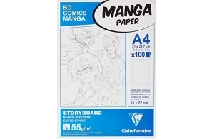 Clairefontaine 94038C Bloc Encollé Manga et Storyboard - 100 Feuilles Papier Esquisse Blanc A4 21x29,7 cm 55g - Papier imprimé avec une Grille divisée en 6 Cases