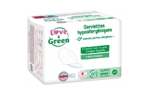 Love & Green Serviettes hygiéniques, écologiques et hypoallergéniques - certifiées Ecolabel et Dermatest - 