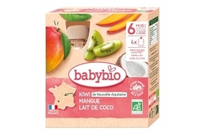 Babybio - Brassés Végétaux - Gourdes Lait de Coco Kiwi Mangue 4x90 g - 6+ Mois - BIO