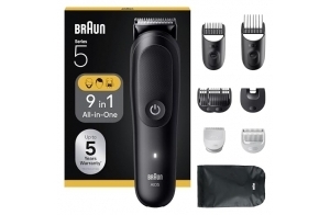Braun Tondeuse Tout-En-Un Series 5, 9-En-1, Lame Ultra Affûtée, 120 Min D’autonomie, Protection SkinGuard Pour Le Corps, Coupe Précise Et Efficace, Manche AquaGrip Pratique Sous L'eau, AIO5540, Noir