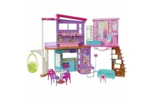 Barbie Coffret La Maison de Vacances (107 cm) à 2 Niveaux, avec 6 pièces, 1 Fauteuil Suspendu Servant d’Ascenseur et Plus de 30 Accessoires, Jouet Enfant, Dès 3 Ans, HCD50