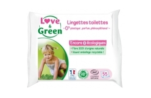 Love & Green - Lingettes Toilettes Saines et Ecologiques - Paquet de 55 Lingettes - Certifiées Cosmo Natural par ECOCERT et FSC - Emballage recyclable