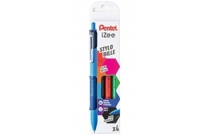 Pentel BX470/4BASIC Pochette de 4 stylos-bille iZee rétractables avec clip en métal Noir/bleu/rouge/vert