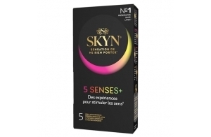 SKYN 5 Senses + : Boite de 5 Préservatifs masculins sans latex, matière Skynfeel, 1x Intensément Perlé, 2x Saveur Cocktail, 1x Elite (Ultra Fin), 1X Chauffant pour stimuler les sens