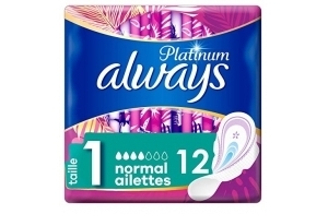 Always Platinum Serviettes Hygiéniques, Taille 1, Normal, 12 Serviettes Avec Ailettes, Flux Légers Jour, Format Eco, Douces et Flexibles, Super Absorbantes et Ultra Fines