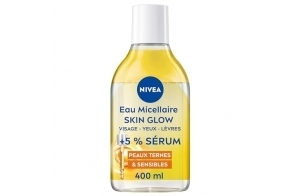 NIVEA Eau Micellaire SKIN GLOW (1 x 400 ml), Nettoyant visage infusé au Sérum avec Amino Acid & Vitamine C E, Démaquillant micellaire waterproof sans parfum illuminateur peaux ternes et fatiguées