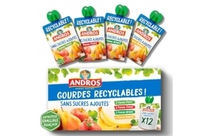 ANDROS Compote de Fruit, Gourde Recyclable, Sans Sucre Ajouté, Goût Pomme + Pomme/Poire + Pomme/Fraise + Pomme/Banane, Idéal pour le Goûter des Enfants, Pack de 12