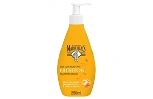 Le Petit Marseillais | Lait Soin Hydratant Nutrition Peaux Très Sèches (flacon-pompe de 250 ml) – Lait corps au beurre de karité, amande douce et huile d'argan – 24 h de confort cutané