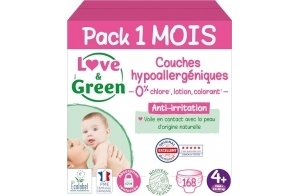 Love & Green - Couches Bébé Saines et Ecologiques - Taille 4+ (9-20 kg) - Pack 1 Mois (Lot de 4= 42 Couches) - Absorbante, anti-fuites et sans ingrédients indésirables