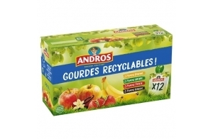 ANDROS - Compote de Fruit - Gourde Recyclable - Allégé - Goût Pomme + Pomme/Vanille + Pomme/Fraise + Pomme/Banane - Idéal pour le Goûter des Enfants - Lot de 12