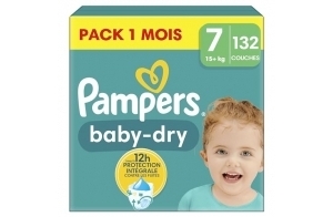 Pampers Baby-Dry, Taille 7, 132 Couches, 15kg+, Une Nuit Jusqu’À 100% Sans Fuites, Pack 1 Mois