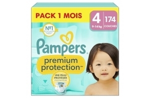 Pampers Premium Protection, Taille 4, 174 Couches, 9-14kg, Double Protection pour la peau et contre les fuites Avec Poche Stop & Protect pour aider à capturer les Fuites, Pack 1 Mois