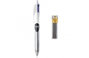 BIC 4 Couleurs 3+1 HB Stylo-Bille Rétractable et Porte-Mines, Parfait pour l'Ecole et au Bureau, Blister de 1 + 12 Mines 0,7 mm HB