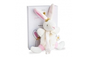 Doudou et Compagnie - Attache Tétine Doudou Lapin avec Etoile - Collection Perlidoudou - 15 cm - Blanc/Rose - Attache Sucette avec Boîte Cadeau - Idée Cadeau Naissance Bébé - DC3510