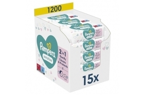 Pampers Sensitive, 1200 Lingettes pour Bébé (15x80), Sans Alcool ni Parfum, Certifié OEKO-TEX, Pour Une Toilette Douce Et Délicate