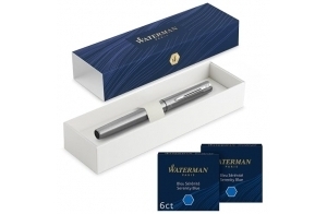 Waterman Allure stylo plume, Chromé, Plume fine, avec 12 cartouches d'encre bleues courtes, Coffret cadeau