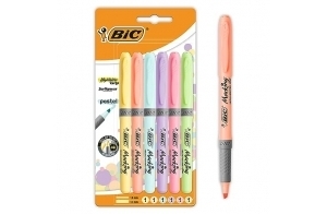 BIC Highlighter Grip Pastel - Surligneurs à Pointe Biseautée Modulable - Couleurs Assorties, Blister de 6