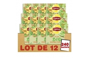 Lipton Thé Vert Biologique Gingembre & Citron Vert, Label Rainforest Alliance 240 Sachets (Lot de 12x20 Sachets)